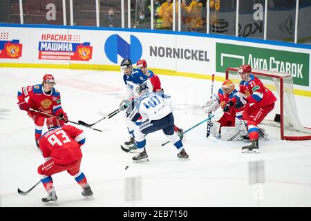 Malmoe, Schweden. Februar 2021, 11th. Kasper Bjorkqvist (40) aus Finnland gesehen in der Beijer Hockey Games 2021 Spiel zwischen Russland und Finnland in der Malmoe Arena in Malmoe. (Foto Kredit: Gonzales Foto/Alamy Live News Stockfoto