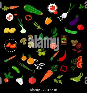 Flache Symbole von frischem Gemüse mit Tomaten, Karotten, Gurken, Zwiebeln, Kartoffeln, Chili und Paprika, grüne Erbsen, frische und eingelegte Oliven, zucc Stock Vektor