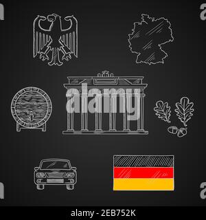 Deutschland National- und Reisekreide-Ikonen mit Karte und Flagge, schwarzem Adler-Emblem und Eichenzweigen, Holzfass Bier, Auto und Brandenburger Tor auf BL Stock Vektor