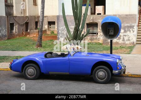 HAVANNA, KUBA - 24. FEBRUAR 2011: Klassischer MG MGA Roadster in Havanna. Oldtimer Autos sind ein wichtiges Merkmal der kubanischen Kultur. Stockfoto