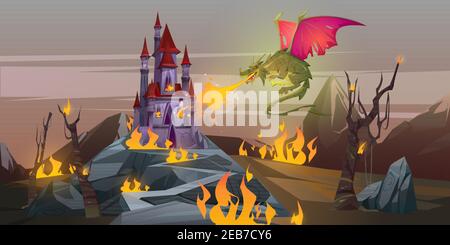 Märchen Feuer atmen Drachen greift magische Burg im Bergtal. Vektor Cartoon Fantasy Illustration mit gruseligen grünen Monster mit roten Flügeln, brennendes Land, mittelalterlichen Palast und Bäume Stock Vektor