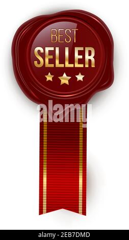 Award Seal 3D realistische Vektor-Farbdarstellung. Belohnung. Bestseller-Siegel mit Sternen. Zertifiziertes Produkt. Qualitätsabzeichen, Emblem mit rotem Band. Winn Stock Vektor