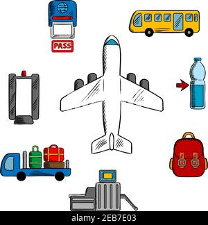 Flughafen-, Luftfahrt- und Airline-Service-Symbole mit Flugzeug umgeben von Symbolen der Passkontrolle, Metalldetektor und Sicherheitstor, Gepäckservice Stock Vektor