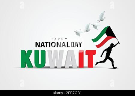 Happy National Day Kuwait ein Mann läuft mit Kuwait Flagge. vektorgrafik mit 3D Buchstaben Stock Vektor