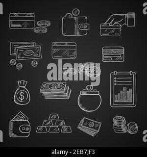 Finanzen, Geschäft und Geld Kreide Ikonen der Dollar-Scheine und Goldmünzen, Stapel von Goldbarren, Brieftasche, Geldbeutel, Bankkarten und finanzielle Repor Stock Vektor