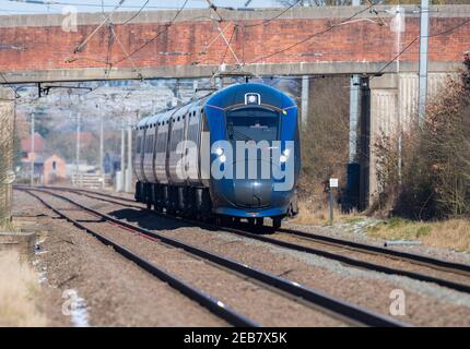 Hull Azuma Züge in ihrer neuen blauen Lackierung. Stockfoto