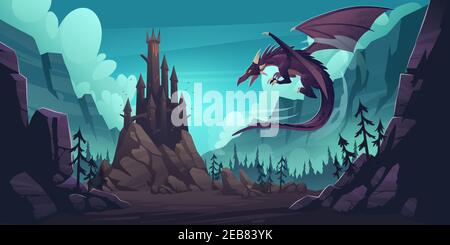 Schwarze gespenstische Burg und fliegender Drache in Canyon mit Bergen und Wald. Vektor Cartoon Fantasy Illustration mit mittelalterlichen Palast mit Türmen, gruselige Tier mit Flügeln, Felsen und Kiefern Stock Vektor