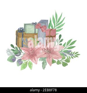 Rosa Lilie Blumen, Geschenk-Boxen, grüne Blätter dekorative Blumenarrangement Hand gezeichnet Vintage-Stil Aquarell-Illustration für Grußkarte, Banner, Stockfoto