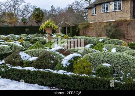 Der formelle Knot Garden im RHS Garden, Wisley, Surrey, Südostengland, im Winter mit ordentlich beschnittenen Büschen und Hecken, die mit Schnee bedeckt sind Stockfoto