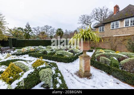 Der formelle Knot Garden im RHS Garden, Wisley, Surrey, Südostengland, im Winter mit ordentlich beschnittenen Büschen und Hecken, die mit Schnee bedeckt sind Stockfoto