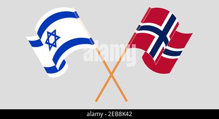 Gekreuzte und winkende Fahnen Israels und Norwegens. Vektorgrafik Stock Vektor