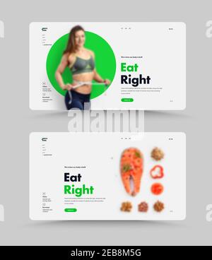 Vector Website erste Bildschirmvorlage für die richtige Ernährung, Trainer oder Ernährungsberater. Design mit grünen Elementen und Platz für Fotos. Setzen Stock Vektor