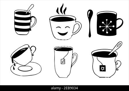 Set von Tassen und Tassen. Isolierte einfache handgezeichnete Vektor-Illustrationen in schwarz-weiß. Stock Vektor