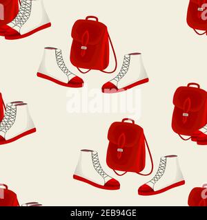 Nahtloses Muster mit Rucksack und Stiefeln im flachen Style. Ledertaschen und Schuhe. Herbst Mode Accessoire für Schüler, Schüler, Mädchen in casual Stock Vektor