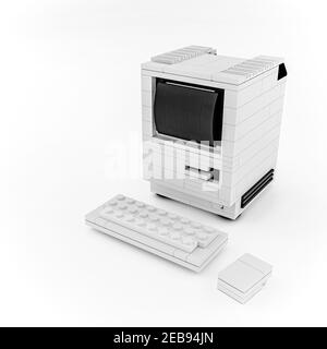 Alter Computer-Desktop auf weißem Hintergrund isoliert 3D Abillustration Stockfoto