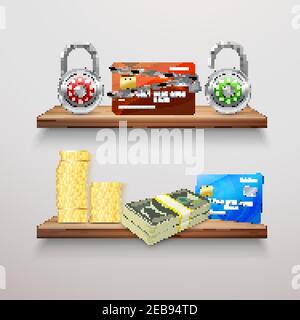 Realistische Finanz-Sammlung mit Vorhängeschlössern Banking Kreditkarten Geld Bargeld Goldmünzen auf Regalen isoliert Vektor-Illustration Stock Vektor