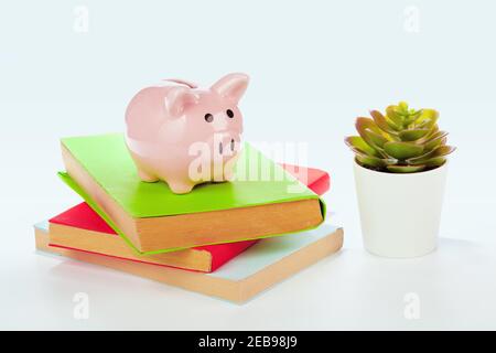 Sparschwein über einem Stapel von bunten Büchern Stockfoto