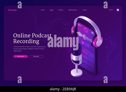 Online Podcast Aufnahme Banner. Nehmen Sie Radiosendungen, Audiointerviews, Live-Gespräche auf. Vektor Landing Page von Podcasting Geschäft mit isometrischem Mikrofon, Smartphone und Kopfhörer Stock Vektor