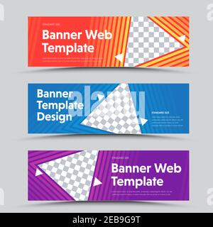 Design von horizontalen Vektorbannern mit einer dreieckigen Form für das Foto und den äußeren Farbstrich. Vorlagen für das Web. Setzen Stock Vektor