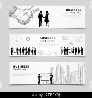 Business People horizontales Bannerset mit Meeting-Planung und Beratung Szenen isolierte Vektordarstellung Stock Vektor