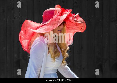 Racegoers kommen in Ascot in ihren Hüten und Raffinerie für Ladies Day in Royal Ascot, während sie ihren Weg zu der Veranstaltung in Ascot, Berkshire, Großbritannien im Juni machen Stockfoto