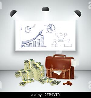 Realistische Geschäftsfinanzvorlage mit Leder Aktentasche Geld an der Tafel Skizzendiagramm und Spotlights isolierte Vektordarstellung Stock Vektor