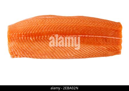 Frischer roher Volllachsfilet ungekochter Fisch auf Weiß isoliert Hintergrund Stockfoto
