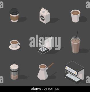 Vector isometrisches Café-Set. Beinhaltet geöffnete und geschlossene Pappbecher, Milchbox, Kaffeemaschine, Teebrauer, Plastikbecher mit Schlauch. Isoliert. Vintag Stock Vektor