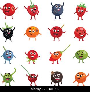 Set von bunten lustigen Beeren Cartoon-Figuren mit glücklich und Smiley Gesichter flach isoliert Vektor-Illustration Stock Vektor