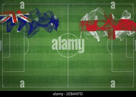 Australien gegen England Fußballspiel, Nationalfarben, Nationalflaggen, Fußballfeld, Fußballspiel, Wettbewerbskonzept, Kopierraum Stockfoto