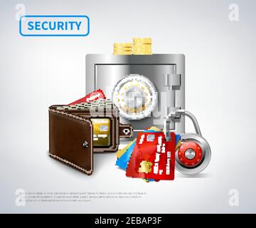 Geld realistische Sicherheit Satz aus Metall geschlossen sichere Geldbörse Kredit Karten Vorhängeschloss goldene Münzen isoliert Vektor-Illustration Stock Vektor