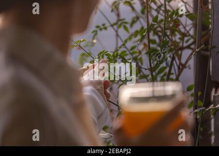 Eine junge Frau trinkt einen frisch und lecker gepressten Orangensaft, gesund und voller Vitamine, am Morgen, zu Hause, vor dem Frühstück und Stockfoto