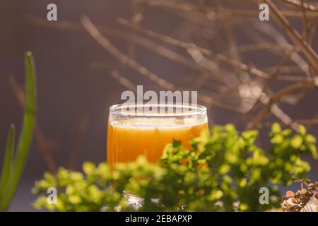 Ein köstlicher hausgemachter Orangensaft, frisch gepresst am Morgen, gesund und voller Vitamine, ruht vor dem Frühstück im Glas am Fenster. V Stockfoto