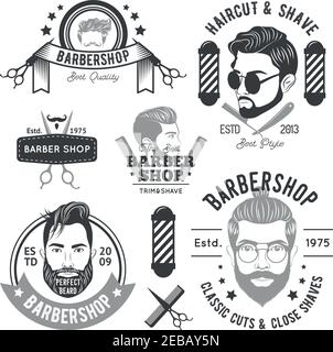 Barbershop monochrome Embleme mit verschiedenen Herren Bärte Frisuren und Friseur Zubehör isolierte Vektordarstellung Stock Vektor