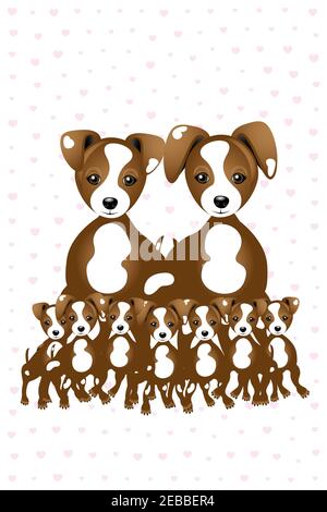 Jack Russell - so viel Liebe - Illustration gemacht von Eine Familie von Jack Russells mit 7 Welpen und Mutter Und Papa auf dem Hintergrund von rosa Herzen gemacht Stockfoto