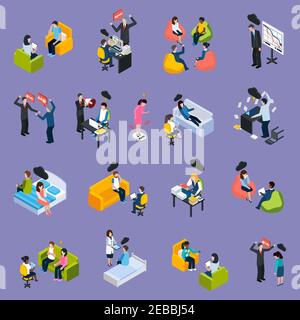 Depression und Stress isometrische Symbole mit verschiedenen negativen Situationen Menschen Konflikte Probleme und Probleme isolierte Vektor-Illustration Stock Vektor