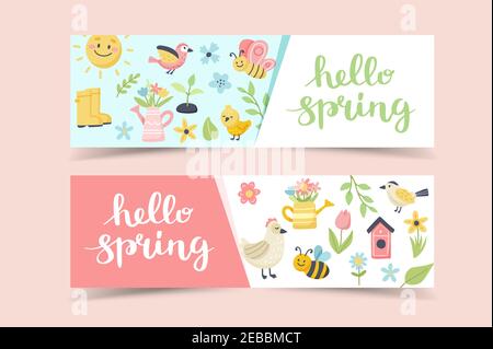 Hello Spring Banner mit Schriftzug und niedlichen Vögeln, Bienen, Schmetterlingen. Niedliche handgezeichnete Vektor-Illustration, Banner-Vorlage Stock Vektor