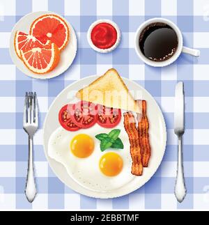 Traditionelles amerikanisches Frühstück mit Spiegeleiern, Speck, schwarzem Kaffee und Grapefruit Draufsicht Tischdecke Hintergrund Poster Vektor Illustration Stock Vektor