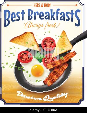 Cafe Restaurant bestes Frühstück Werbeplakat mit traditionellen amerikanischen gebraten Ei Speck Brot Tomaten Retro-Vektor-Illustration Stock Vektor