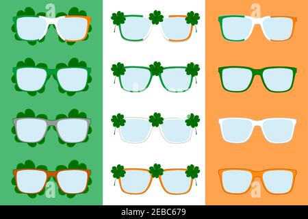 Illustration zum Thema Irish Holiday St. Patrick Tag, große Set Farbe Brillen. Muster St. Patrick Tag bestehend aus vielen verschiedenen Brillen auf Backgr Stock Vektor