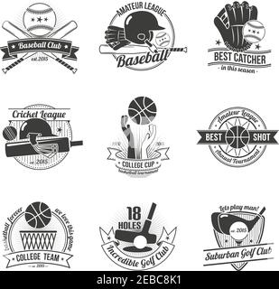 Baseball Cricket Golfschläger Sport Label schwarz set isoliert Vektor Abbildung Stock Vektor