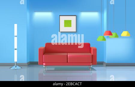 Wohnzimmer realistisches Design mit rotem Sofa und bunten Lampen vektorgrafik Stock Vektor