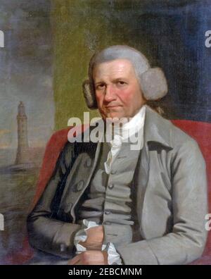 JOHN SMEATON (1724-1792) englischer Bauingenieur mit seinem Eddystone Lighthouse im Hintergrund. Stockfoto