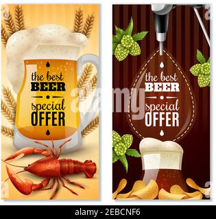 Dunkles und helles Bier vom Fass Sonderangebot 2 farbenfrohe Vertikale Banner mit Hummer und Hop isoliert Vektor-Illustration Stock Vektor
