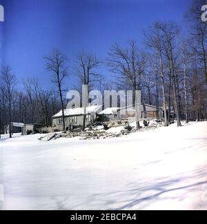 Camp David im Schnee, Aussicht. Aspen Lodge, die Residenz des Präsidenten im Camp David in Frederick County, Maryland. Stockfoto