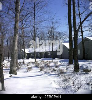 Camp David im Schnee, Aussicht. Aspen Lodge, die Residenz des Präsidenten im Camp David in Frederick County, Maryland. Stockfoto