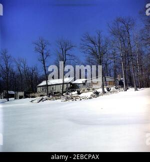 Camp David im Schnee, Aussicht. Aspen Lodge, die Residenz des Präsidenten im Camp David in Frederick County, Maryland. Stockfoto