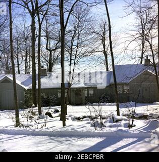 Camp David im Schnee, Aussicht. Aspen Lodge, die Residenz des Präsidenten im Camp David in Frederick County, Maryland. Stockfoto