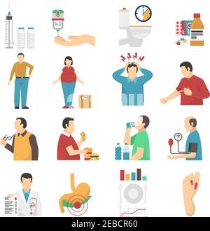 Diabetes Symptome Symbole Satz von Menschen mit Gewichtsstörungen Kopfschmerzen Leiden unter Durst und übermäßiges Essen flache Vektor-Illustration Stock Vektor