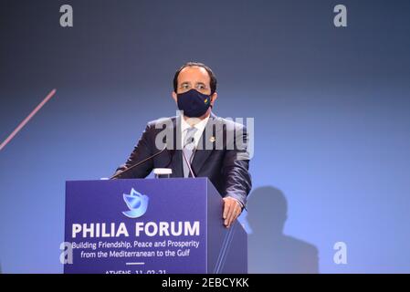 Athen, Griechenland. Februar 2021, 11th. Der zypriotische Außenminister Nikos Christodoulides beim Philia Forum in Athen, Griechenland, am 11. Februar 2021. (Foto von Dimitrios Karvountzis/Pacific Press/Sipa USA) Quelle: SIPA USA/Alamy Live News Stockfoto